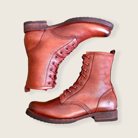 Frye Veronica Combat Red Clay Cognac Leather Lace Up Moto Everyday Ankle Boots - Picture 16 of 16